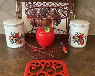 Kitchen Decor Lot - Red Metal Basket, (2) Brazil Canisters, Red Trivet, And Fruit Tile Tray