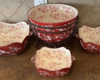 Temp-Tation Ovenware Floral Lace Stacking Bowls And Large Bowl With Bronze Tone Metal Stand