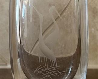 Small Kosta Boda Art Glass Etched Crane/Stork Vase 02361