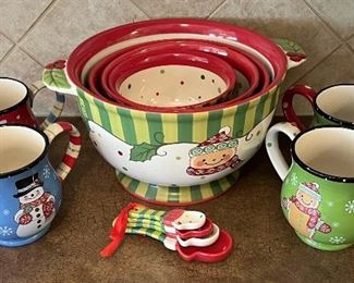 Small Collection Of Temp-Tations Winter Whimsy Pattern Mixing Bowls, Mugs, And Measuring Spoons
