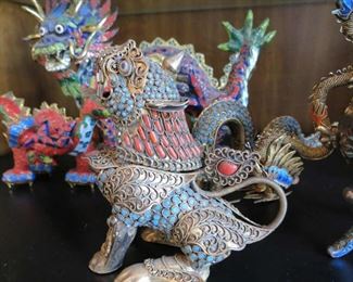 Sino-Tibetan filigree brass, turquoise and coral incense burner in the shape of a foo dog, $80.00