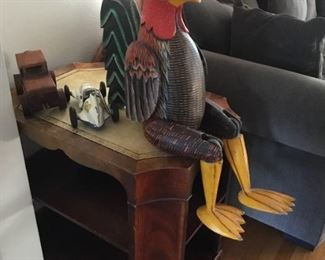 Large Hand Painted Wood Rooster with Articulated Legs and Wings, Toy cars. Vintage End Table with Shelves.