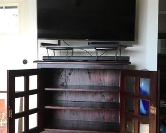 Inside Cabinet. Top of Cabinet:  2018 49in Sony XBR-49x900F Smart TV, Sony UBP-X700 Ultra-Blu-ray, Samsung HW-F550/ZA Soundbar.