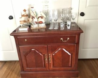 Bar Cabinet, Barware, Decanters, Coasters.