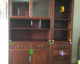 Rosewood Cabinet Sections measurements. Section 1 (57-7/8in H x 40in W x 16in D), Section 2 (27-3/4in H x 40in W x  16in D), Section 3 (57-7/8in H x 20in W x 16in D), Section 4 (27-3/4in x 20in W x 16in D).