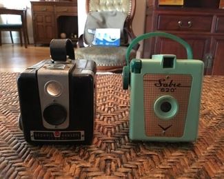 2 Vintage Flash Cameras - Brownie Hawkeye and Sabre 620 in Green Bakelite case.