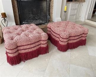 Custom tufted and fringed ottoman chairs