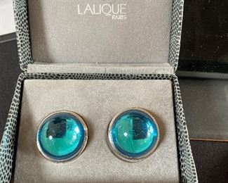 Lalique Paris Silver plate signed glass dome clip earrings.
