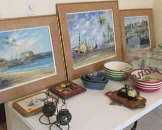 Original oil paintings.  Misc. glassware.