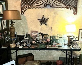 Vintage wooden door arch 50" "ginger bread" piece, table & floor full of treasures