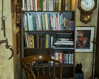 One of two bookcases, repro regulator clock, maple arm chair, scrabble game, primitive hand tools, scrabble game etc.