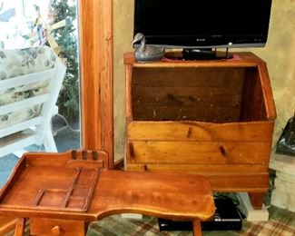 Cobbler's bench coffee table , pine wood storage box, Sharp flat screen etc.
