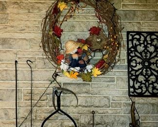 Wreath, misc. tools & third cast iron decor