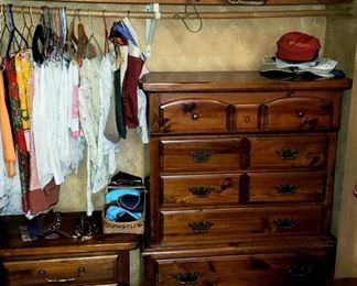 Purses, clothing, night stand and pine chest on chest