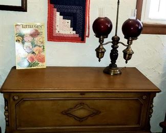Cedar chest, lamp, quilted runner etc.