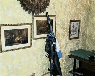 Framed prints, pine cone wreath, vac etc.