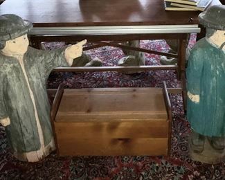 Two 30" folk art men & small pine box