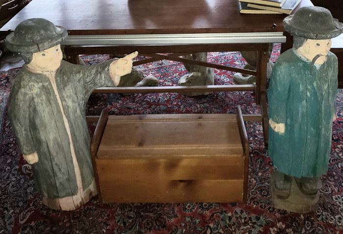 Two 30" folk art men & small pine box