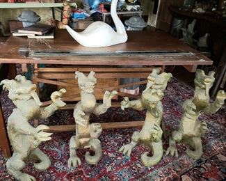 Four 30" Dragons, oriental rug and vintage drafting table
