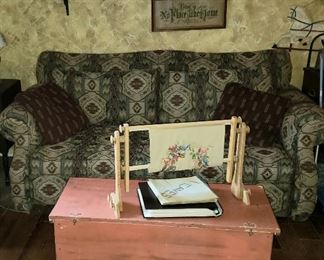 Sofa, needlepoint holder, chest etc.