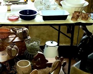 Stoneware bowl, tea set copper mugs, large enamel coffee pot, wooden duck & swan, picnic basket etc.