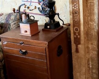 Coffee grinders, pine bin, wall art etc.