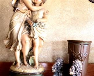 Antique figurine, book ends & vase