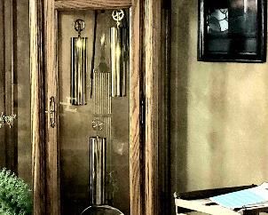 Howard Miller grandfather clock, old print, cribbage board & egg crate