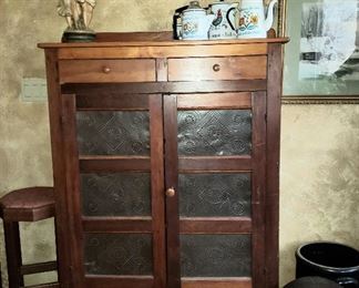 Pie safe, stool, Swedish enamelware, crock etc.