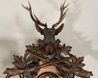 Vintage Black Forest Cuckoo Clock German Hunter Stag Head Hand Carved	36x22x18in	HxWxD
