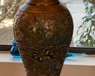 2pc Marbro Champlevé Enamel Floral Table Lamps PAIR Brass Cloisonne 38inH x 20in diameter