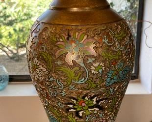 2pc Marbro Champlevé Enamel Floral Table Lamps PAIR Brass Cloisonne 38inH x 20in diameter