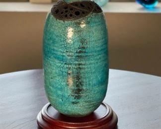 Signed Raku Studio pottery with Japanese Stand	8.75 inches high	

