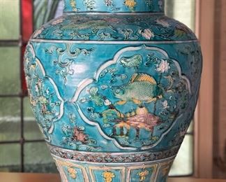 Chinese Asian Blue Fish Bowl Ceramic	14 x 6.75in diameter open	

