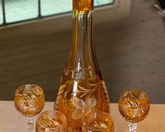 5pc Amber Cut to Clear Czech Bohemian Crystal Glass  Decanter & Cordial Set  Grape Leaf	Decanter: 16 in H	
