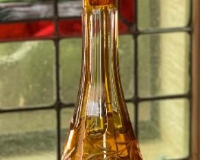 5pc Amber Cut to Clear Czech Bohemian Crystal Glass Decanter & Cordial Set Grape Leaf Decanter: 16 in H