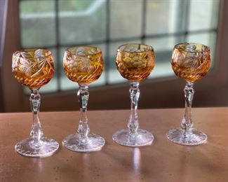 5pc Amber Cut to Clear Czech Bohemian Crystal Glass  Decanter & Cordial Set  Grape Leaf	Decanter: 16 in H	
