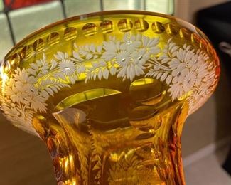 Czech Bohemian Crystal Glass Etched Vase Cut to Clear	10h x 6.25in Diameter	
