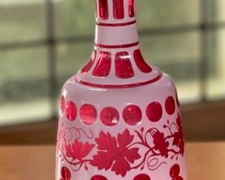 Czech Bohemian Cranberry White Overlay Crystal Glass Decanter  RED	8 inches high	
