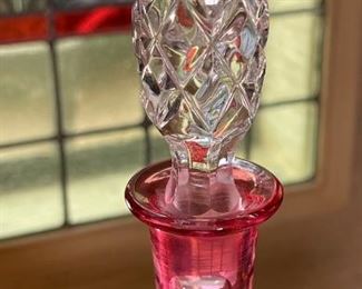 Czech Bohemian Cranberry Cut to Clear Whirling Star Decanter Crystal Glass RED	13.5 inches high	
