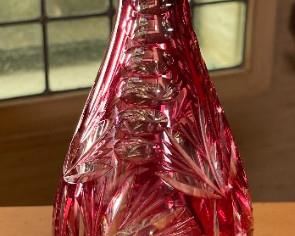 Czech Bohemian Cranberry Cut to Clear Whirling Star Decanter Crystal Glass RED 13.5 inches high