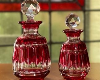 2pc Czech Bohemian Cranberry Cut to Clear Bottles Crystal Glass RED	5in H &  4in H	
