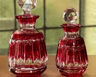 2pc Czech Bohemian Cranberry Cut to Clear Bottles Crystal Glass RED	5in H &  4in H	
