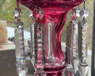 2pc Czech Bohemian Cranberry Cut to Clear Mantle Lustres Lusters 12in H x 6in diameter
