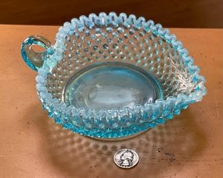 Fenton Hobnail Blue Opalescent Heart Candy Dish	3 x 6.5 x 8in	HxWxD
