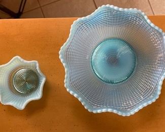 2pc Blue Opalescent Ruffled Rim Bowls PAIR	Large: 3x9in diameter	
