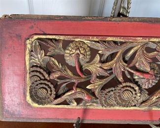 Antique Chinese Carved Wood Panel Red Gilt Relief Birds & Flowers	6 x 14 x 1in	HxWxD
