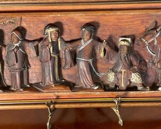 Antique Chinese Carved Wood Panel Figural Chien-Lung Relief Carving 5 Men & Horse	8.25 x 20.2 x 1in	HxWxD
