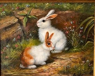 Original Art Rabbits Oil on Board SZABO Painting	Frame: 15.5 x 17.5 x 3<BR>8x10 Art	
