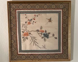 Hand Embroidered Silk Tapestry Framed Asian	Frame: 15 x 15 x .5in	HxWxD
